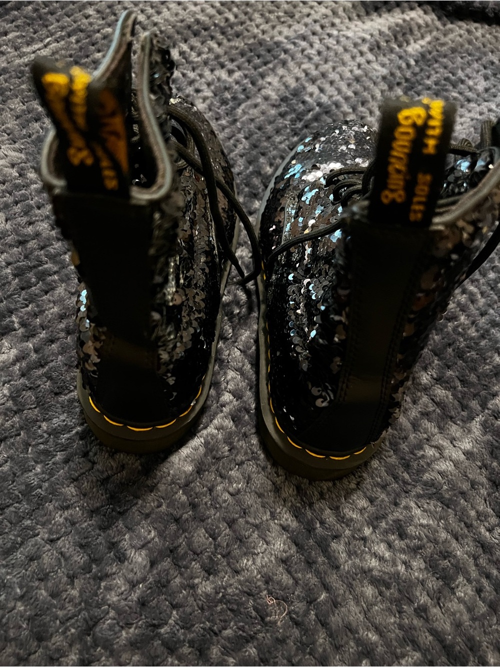 Dr. Martens Black Sequin Combat Boots with Yellow Trim - Picture 2 of 5